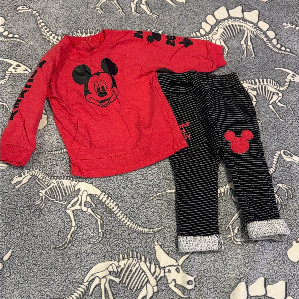 Red Mickey Mouse Sweatshirt and Striped Pants Set